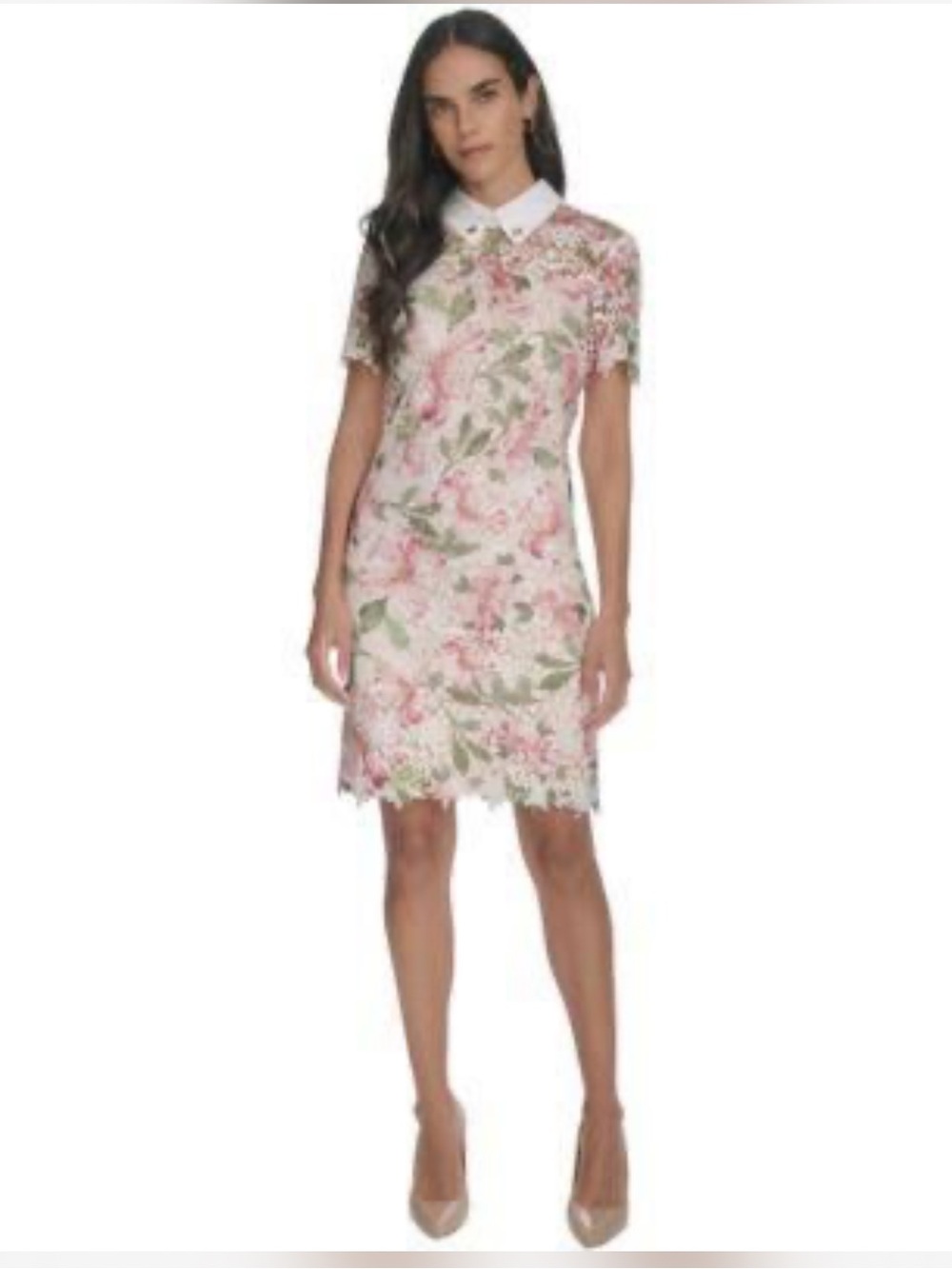 Halston Heritage Pink, Green & White Floral Lace Mini Dress